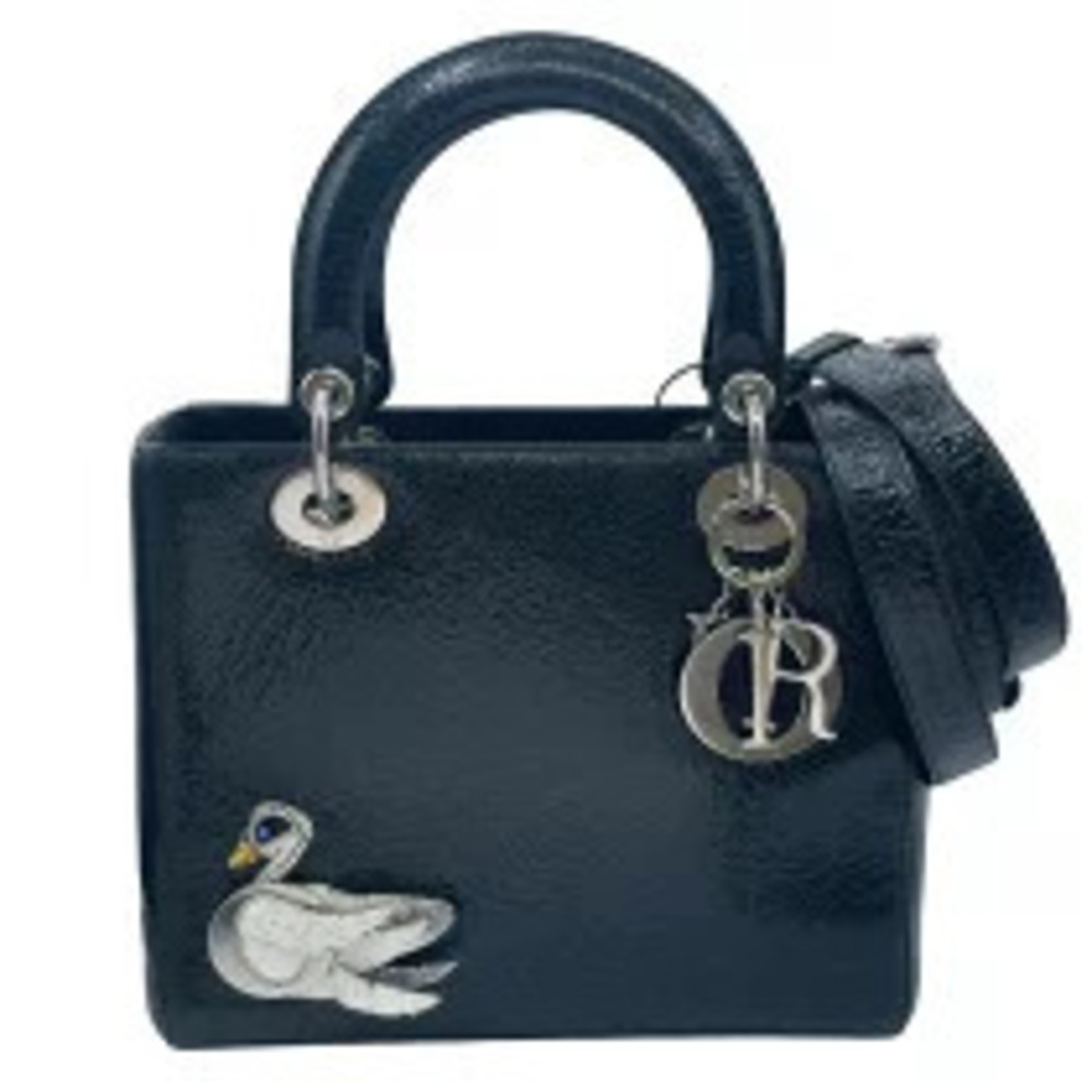 Christian Dior Lady Black Leather Shoulder Bag Rhinestones